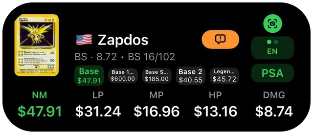 Zapdos, Base Set 16/102, NM $47.91 with print variant chips
