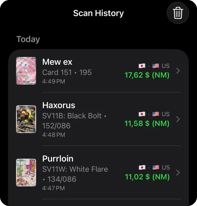Scan history with Mew ex, Haxorus and Purrloin and their prices
